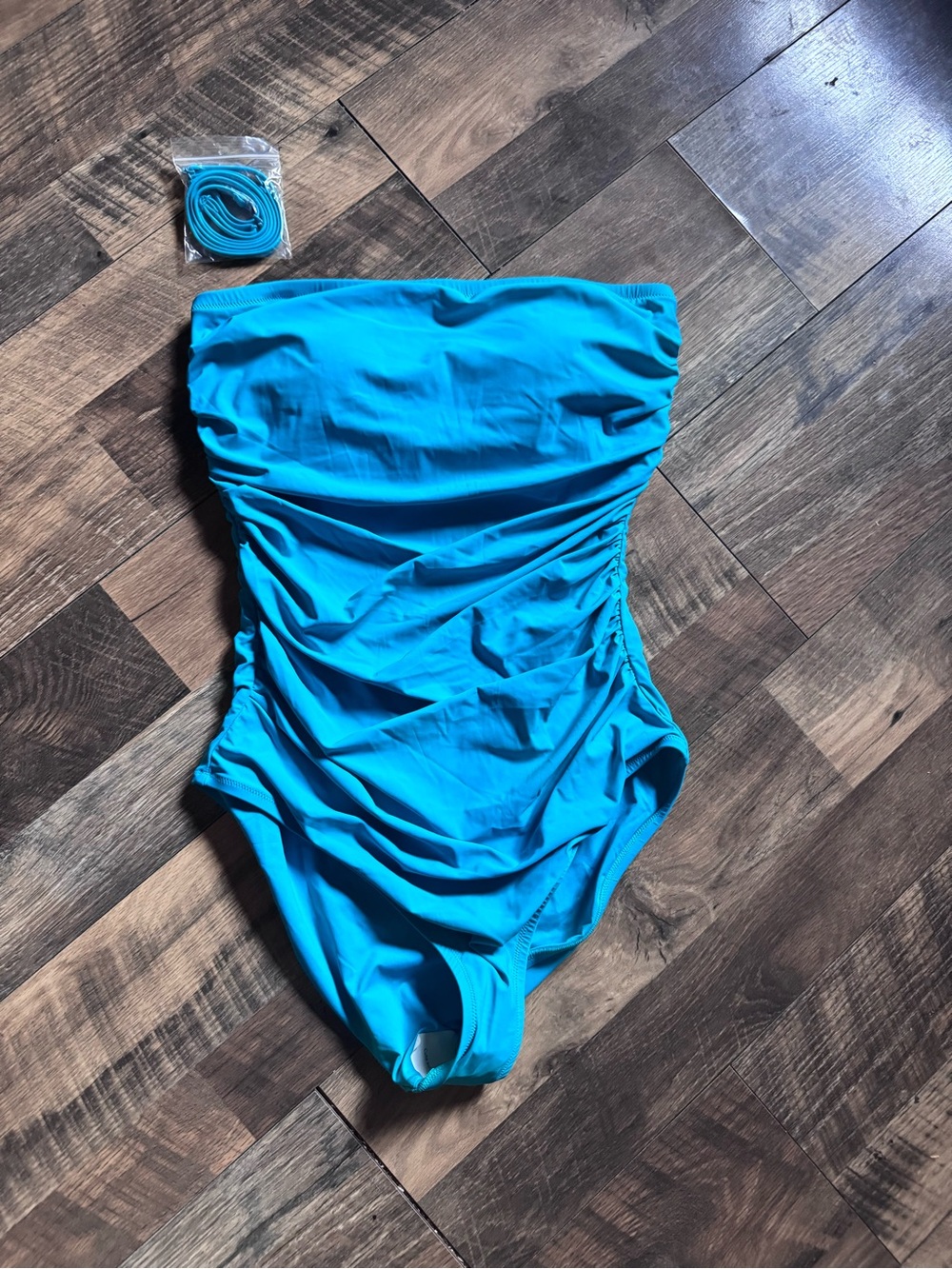 New With Liner Strapless/Halter Ruched One-Piece Swimsuit in Bright Turquoise - Picture 2 of 7